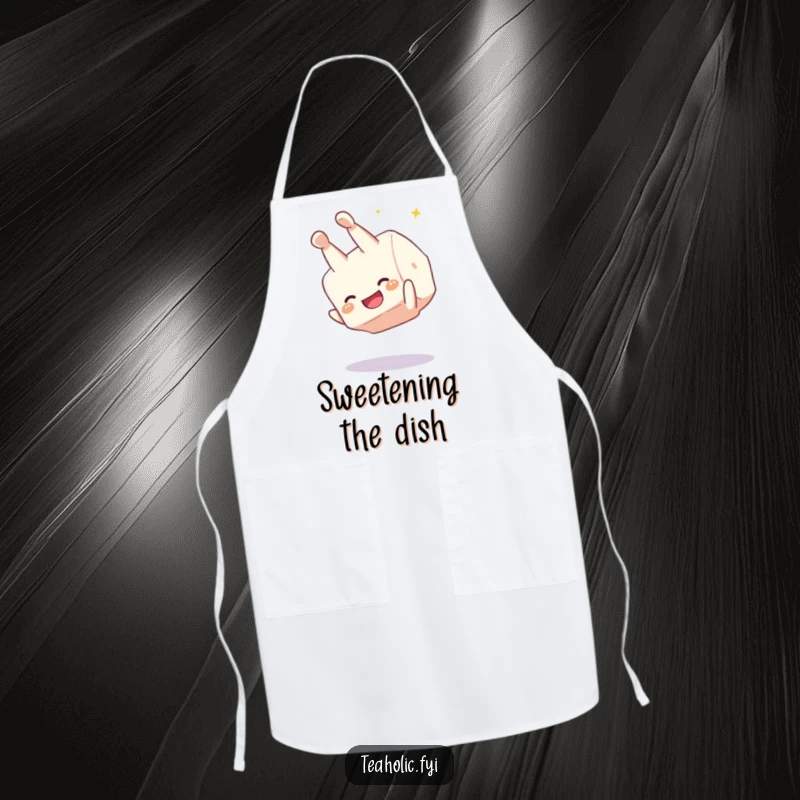 Funny sugar cube somesault apron, a giggling character performing a joyful flip, humorous and practical kitchen wear for sweet treats.