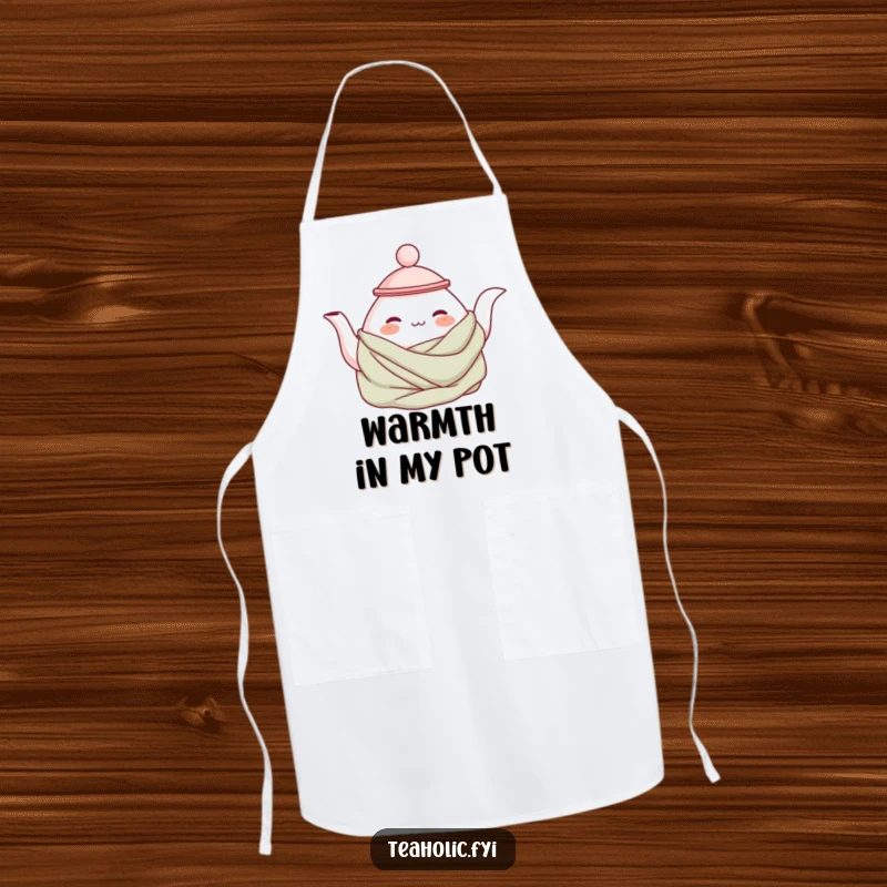 Funny cozy teapot apron showing a contented teapot character wrapped in a blanket, perfect for keeping clean while adding kitchen charm.