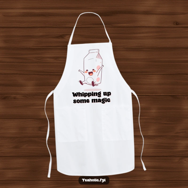 Funny Milk Carton Apron: A happy milk carton is doing a lively somersault, bringing animated fun to the kitchen.