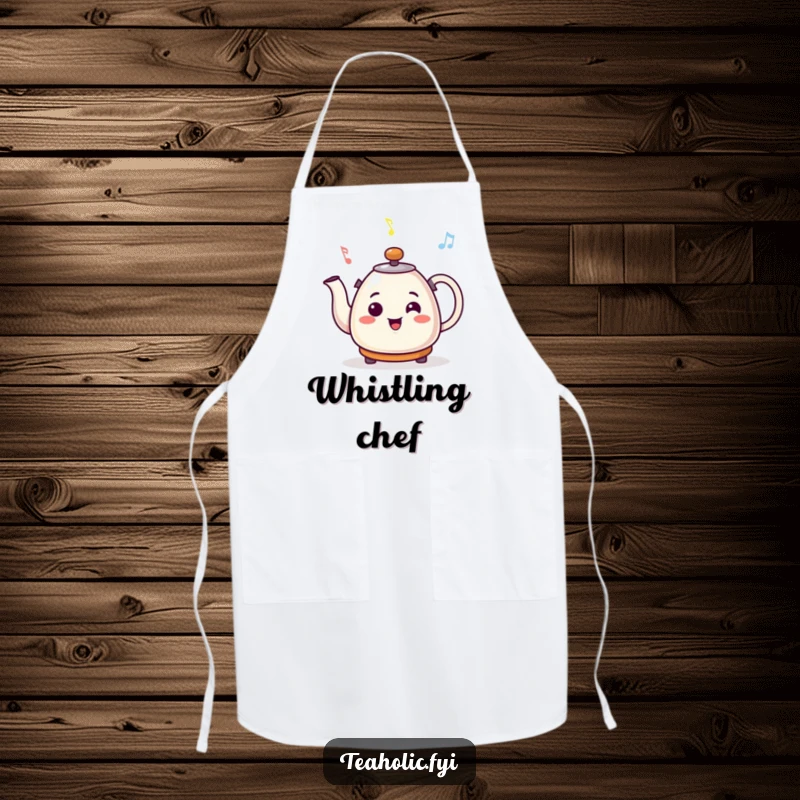 Funny apron showing a smiling kettle character whistling a cheerful tune, perfect for musical chefs.