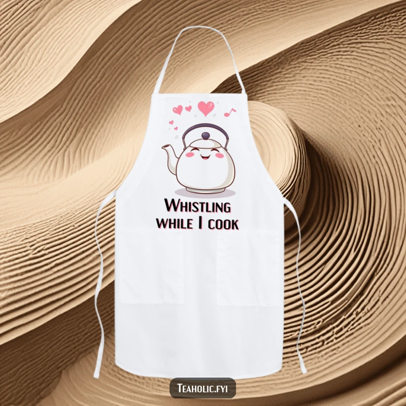 Funny tea kettle whistling with heart-shaped steam, kitchen apron design, making cooking a delightful and loving experience.