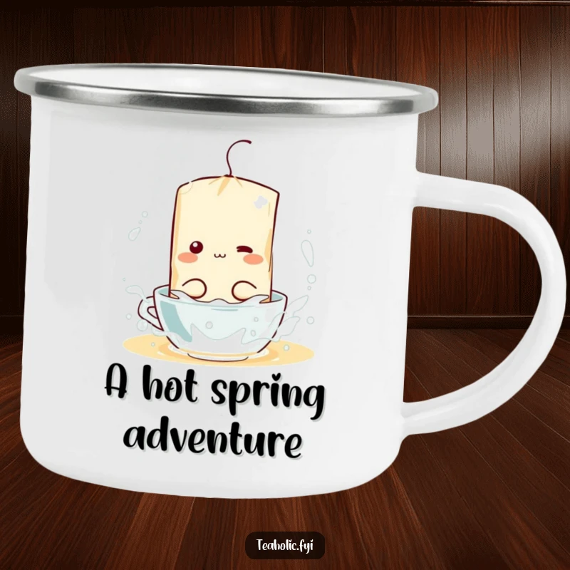 Funny camping mug showcasing a tea bag character having a splash party in hot water, durable and amusing for outdoor use.