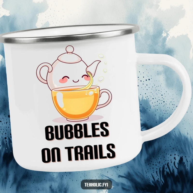 Funny camping mug featuring a giggling teapot character pouring bubbles, durable and cheerful for outdoor tea breaks.
