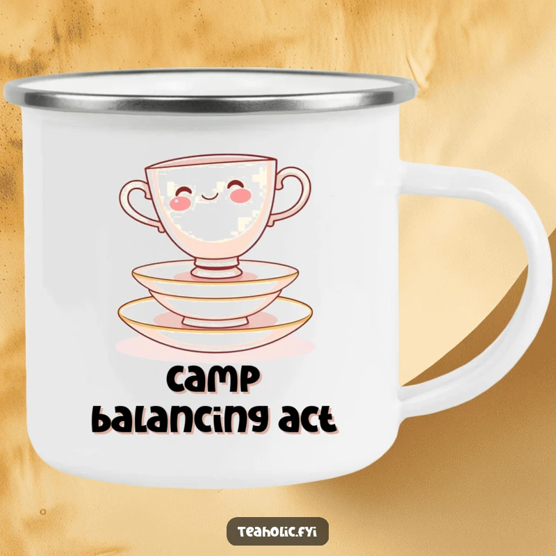 Funny Camping Mug: Cheerful teacup character balancing on delicate saucers, perfect for outdoor charm.
