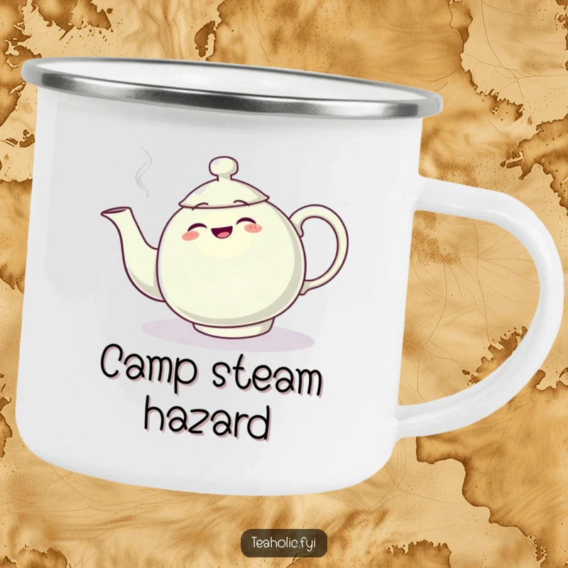 Funny camping mug featuring a teapot character comically tripping over its steam plume, perfect for humorous outdoor enjoyment.