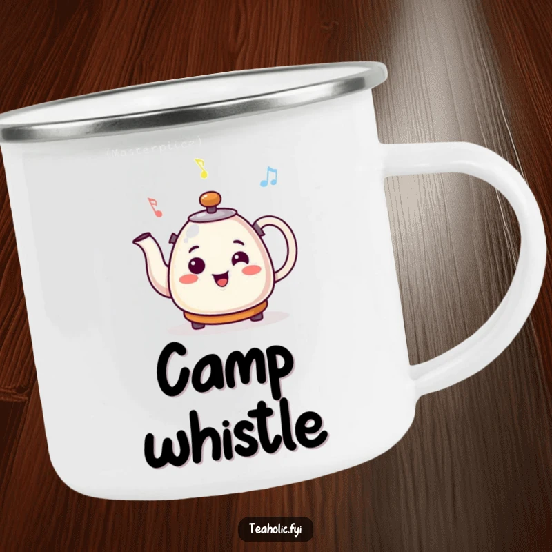 Funny camping mug with a smiling kettle character whistling a cheerful tune, perfect for enjoying beverages outdoors.