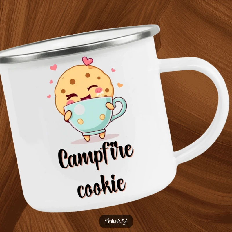 Funny cookie camping mug featuring a cookie character giving a playful wink, holding a teacup overflowing with joy, ready for adventures.