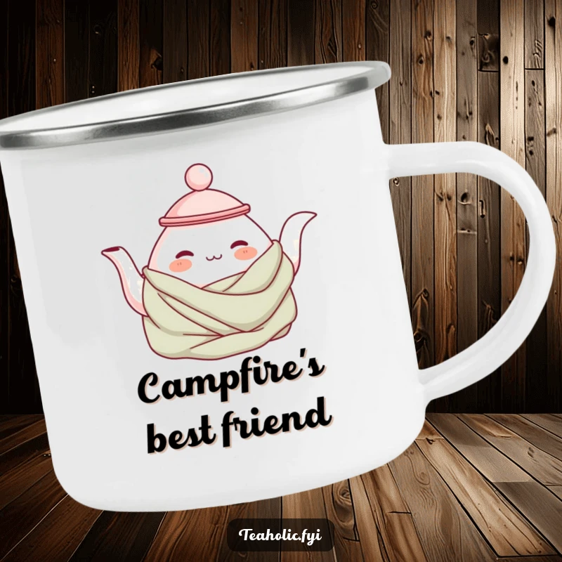 Funny cozy teapot camping mug showcasing a contented teapot wrapped in a blanket, perfect for outdoor enjoyment of warm beverages.