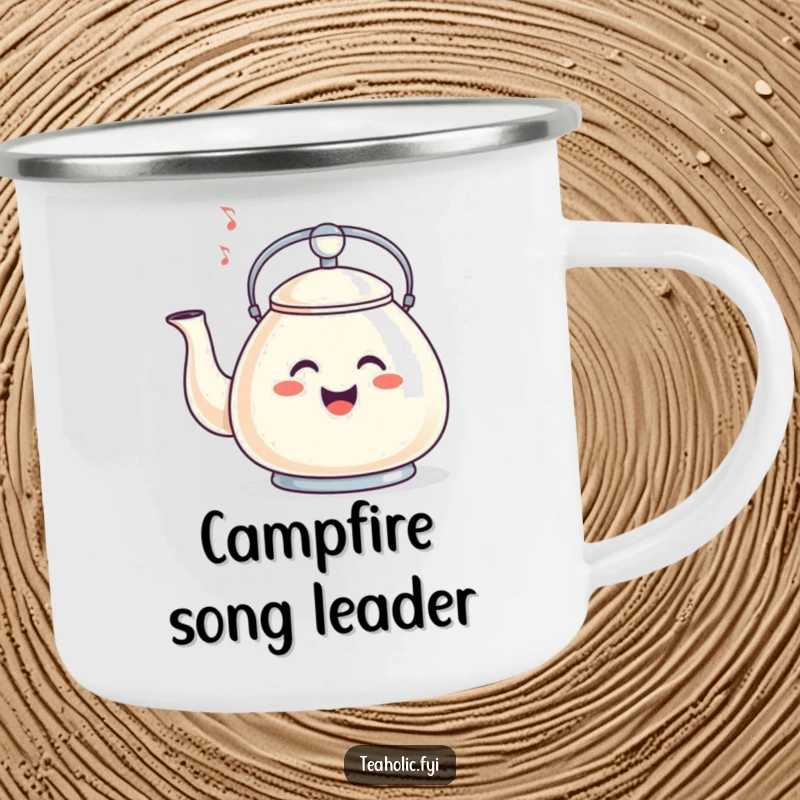 Funny camping mug featuring a tea kettle whistling a happy tune, ideal for humorous outdoor tea breaks.