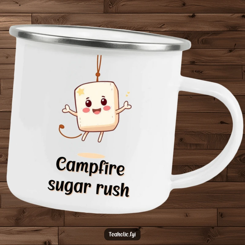Funny camping mug with a jovial sugar cube character bouncing on a tea bag string, perfect for sweet outdoor moments.