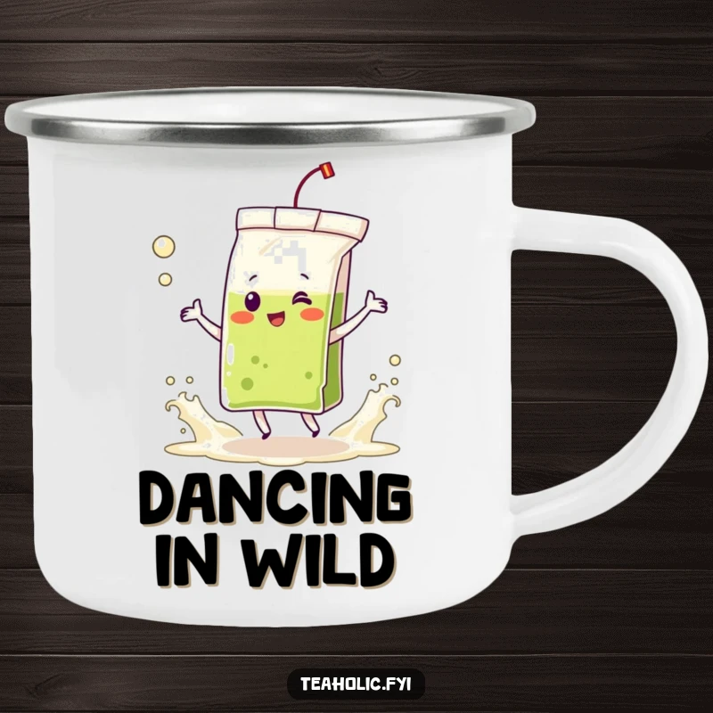 Funny camping mug with a delighted tea bag character dancing in frothing tea waves, durable and cheerful for outdoor enjoyment.