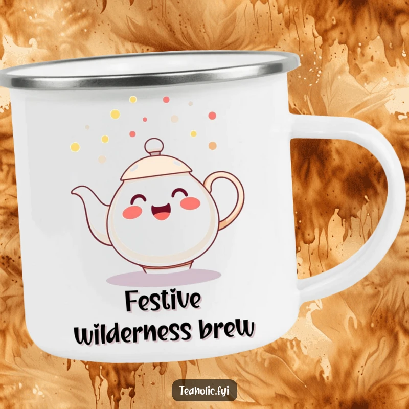 Funny camping mug featuring a cheerful teapot character spilling playful tea droplets like confetti, a festive funny gift.