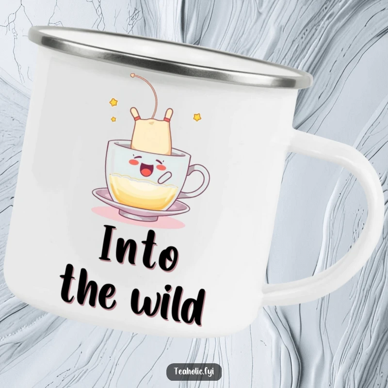 Funny camping mug featuring a tea bag character somersaulting into a frothy cup, a dynamic funny gift.