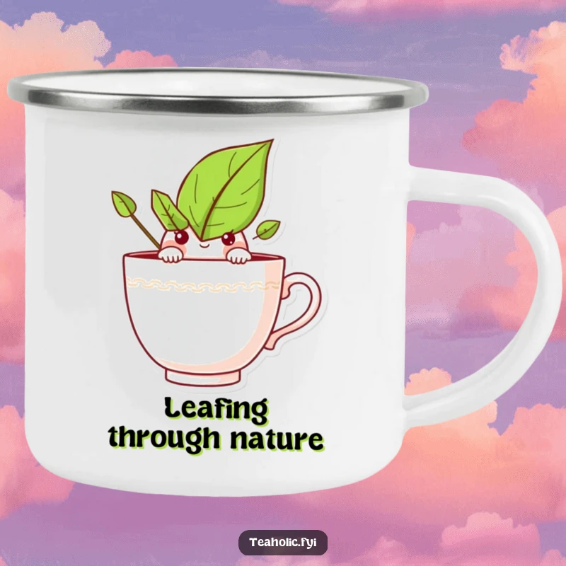 Funny camping mug with a curious tea leaf character peeking over a teacup rim, for a curious sip outdoors.