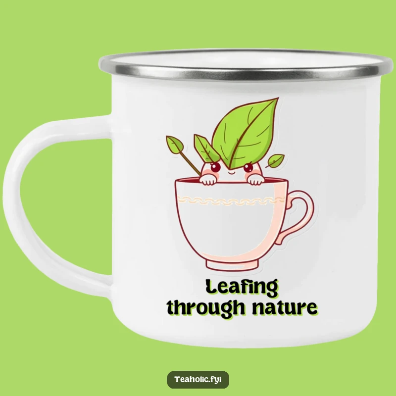 Funny Curious Tea Leaf Camping Mug: Peek into Your Morning Camp Coffee
