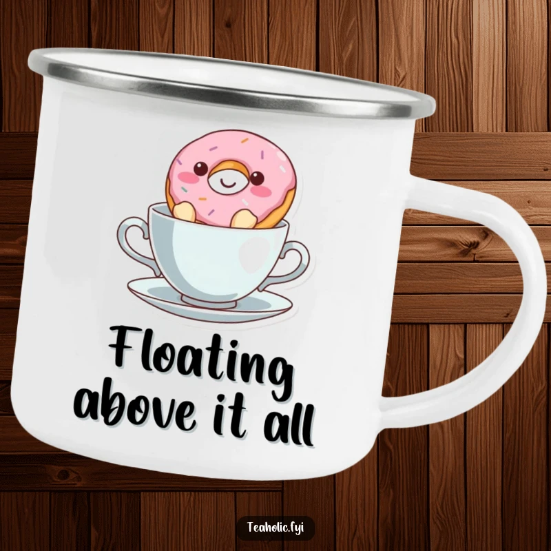 Funny donut character afloat in a teacup on a rugged camping mug, a humorous and durable design.