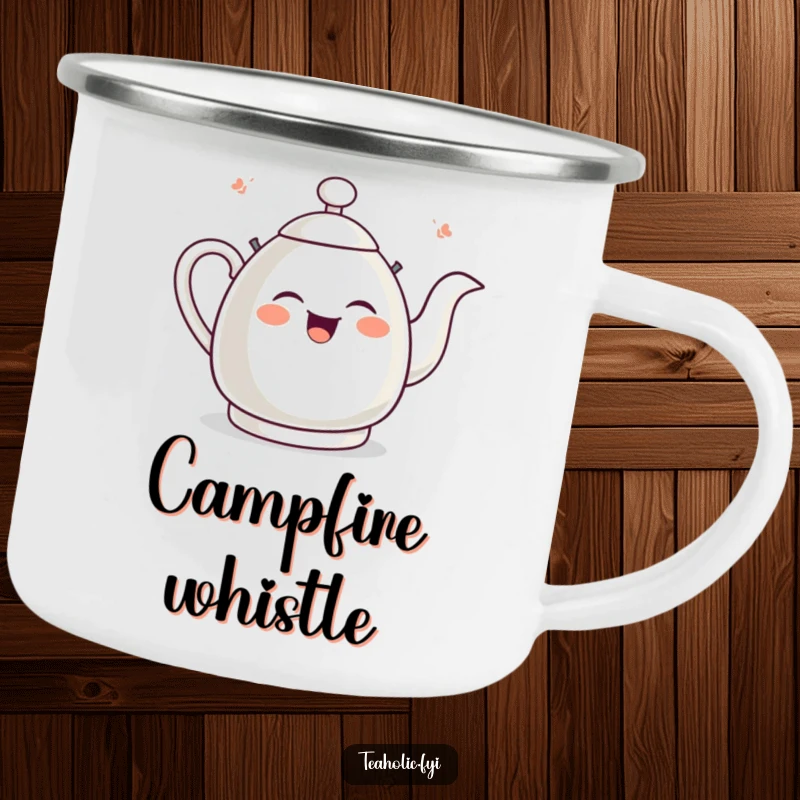 Funny tea kettle camping mug showing a giggling kettle whistling with pure joy, perfect for outdoor beverages.