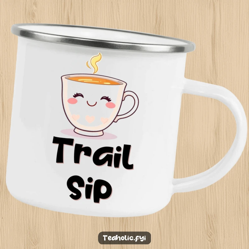 Funny teacup camping mug showing a happy teacup with a charming smile and a wink, perfect for outdoor beverages.