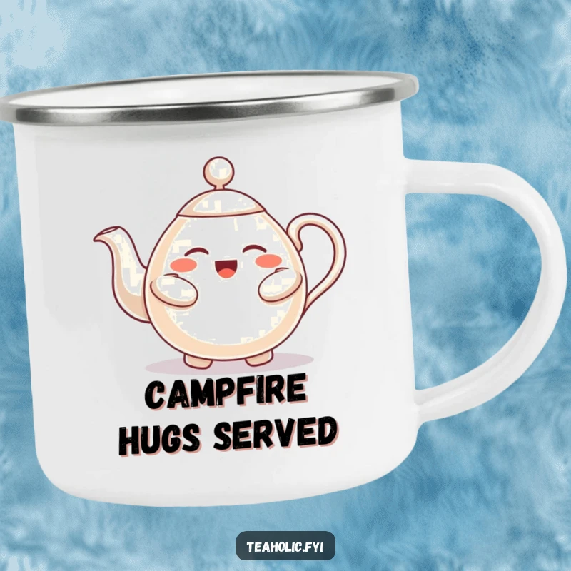 Funny camping mug with a friendly teapot character offering a warm hug, perfect for outdoor comfort and smiles.