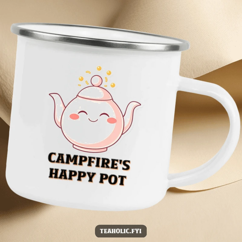 Funny camping mug featuring a smiling teapot overflowing with joy, perfect for enjoying happy brews in the great outdoors.