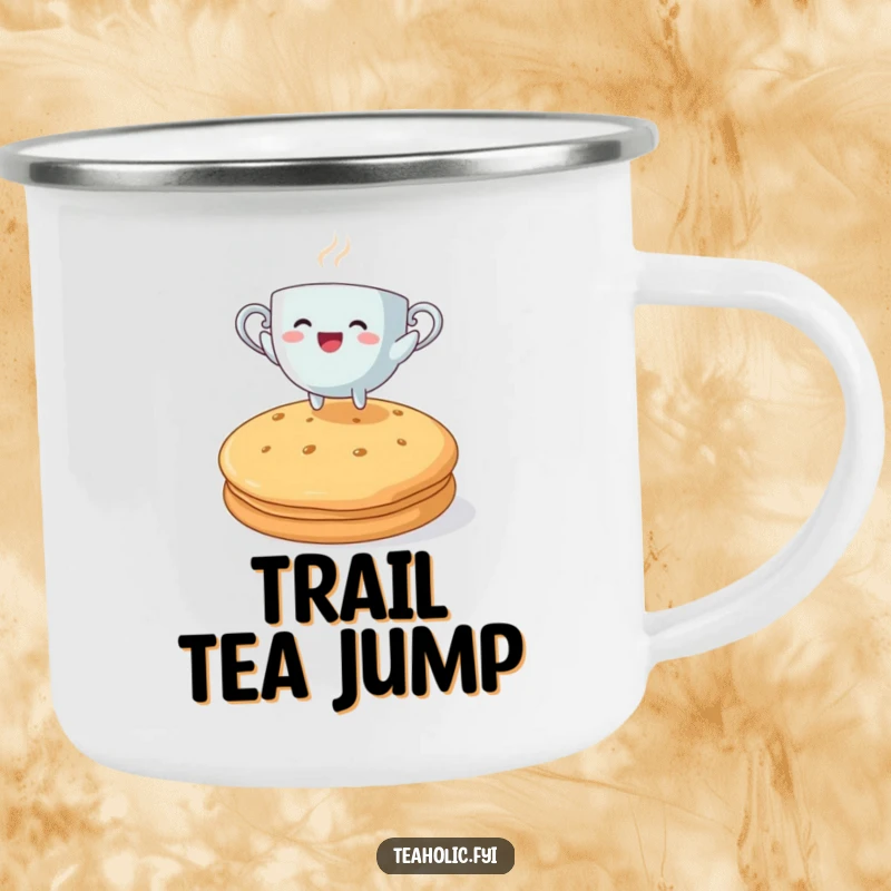 Funny steaming teacup character joyfully leaping over a giant biscuit, a humorous camping mug.