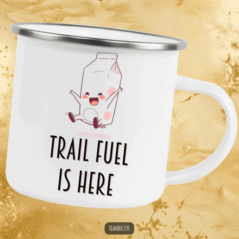 Funny Milk Carton Camping Mug: A cheerful milk carton is in a playful somersault, ready for any outdoor excursion.