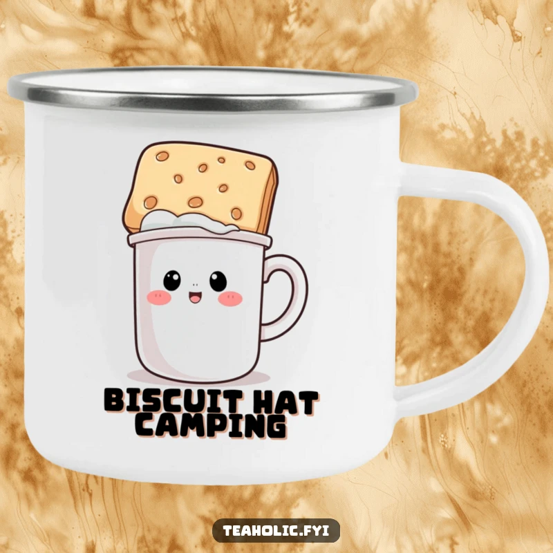 Funny camping mug depicting a mug character humorously wearing a biscuit as a hat, ready for outdoor enjoyment and lighthearted moments.