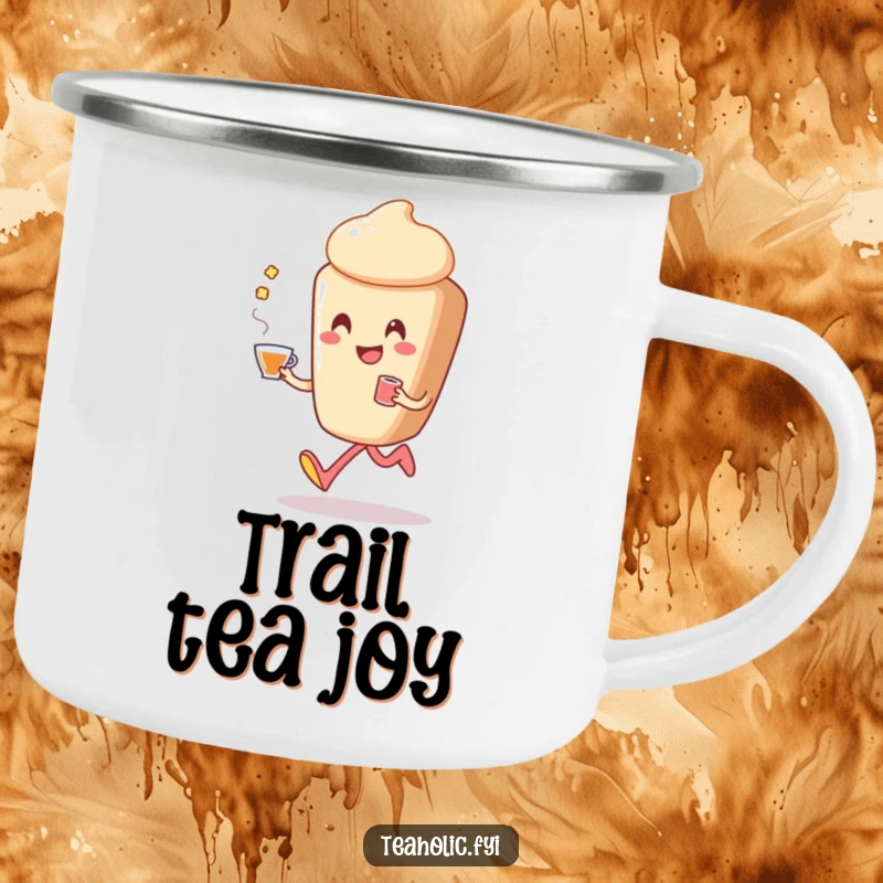 Funny pastry camping mug featuring a smiling pastry character happily skipping, holding a cup of tea, ready for outdoor enjoyment.