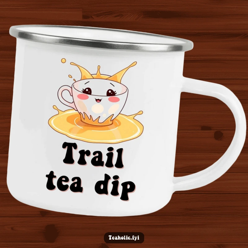 Funny camping mug featuring a teacup splashing in tea, ideal for humorous outdoor tea breaks.