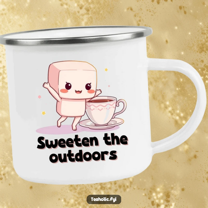 Funny sugar cube camping mug displaying a dancing character near a teacup, perfect for outdoor enjoyment with a sweet, energetic twist.
