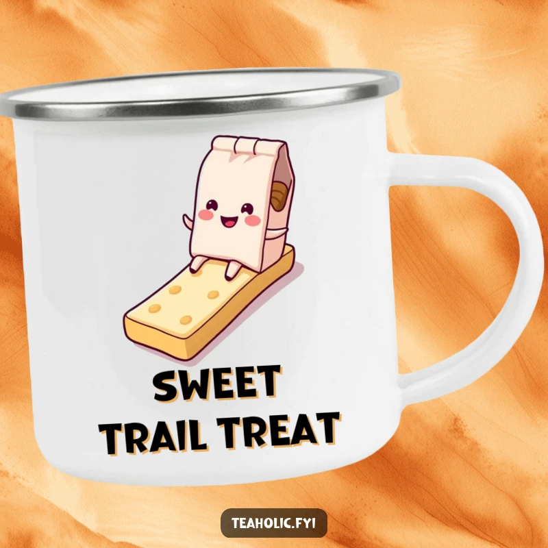 Funny tea bag camping mug, character sliding down sugary biscuit slide, rugged and amusing, perfect funny gift.