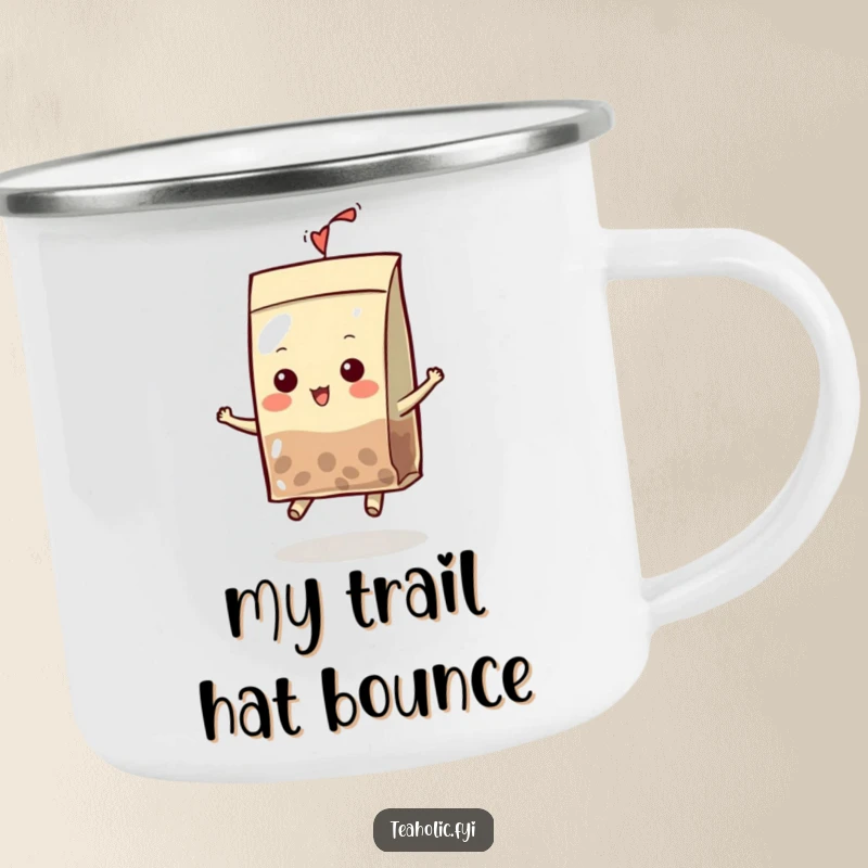 Funny Camping Mug showing an adventurous tea bag character wearing a hat and bouncing happily, perfect for outdoor enthusiasts.