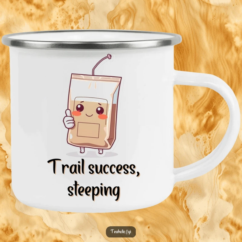 Funny camping mug with a cheerful tea bag character giving a thumbs up, ideal for outdoor hydration and humor.