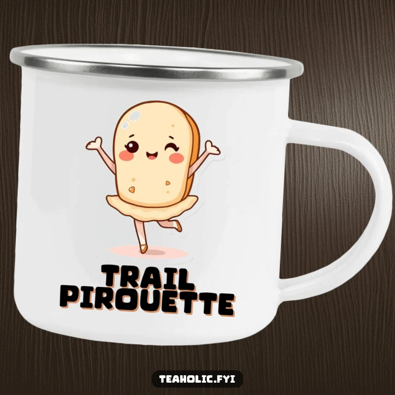 Funny camping mug showcasing a cheerful tea biscuit performing a ballet pirouette under the stars.