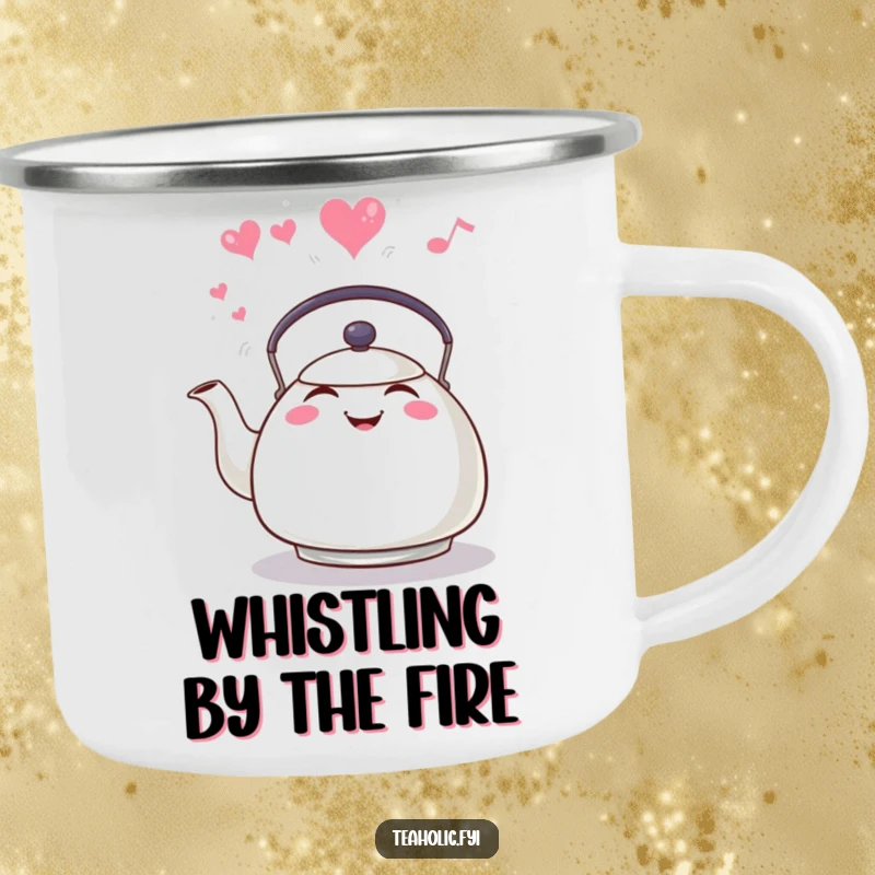 Funny tea kettle whistling with heart steam, durable enamel camping mug, perfect for outdoor brews and cheerful moments.