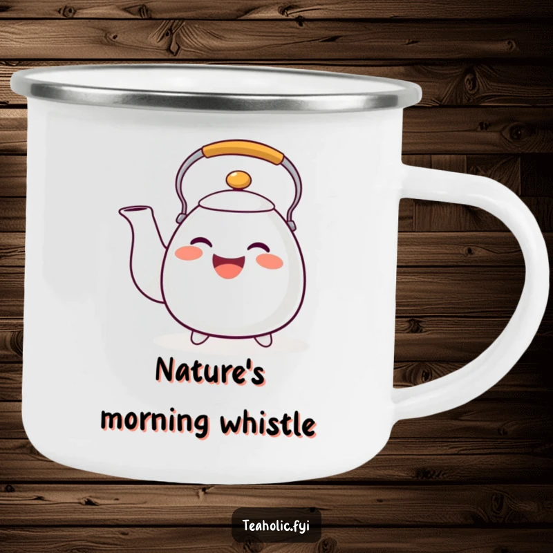 Funny tea kettle camping mug with a happy whistling character, ideal for outdoor tunes and as a funny gift.