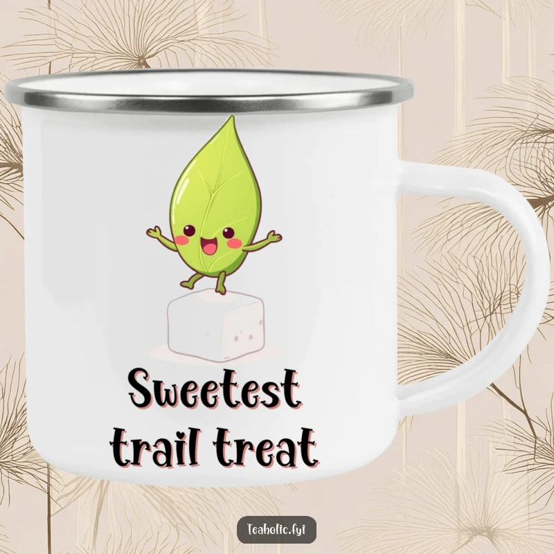 Funny tea leaf character joyfully bouncing on a sugar cube, printed on a durable enamel camping mug for outdoor enjoyment.