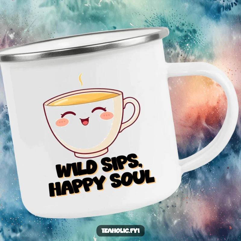 Funny teacup camping mug with a joyful character sipping, perfect for outdoor adventures and as a funny gift.