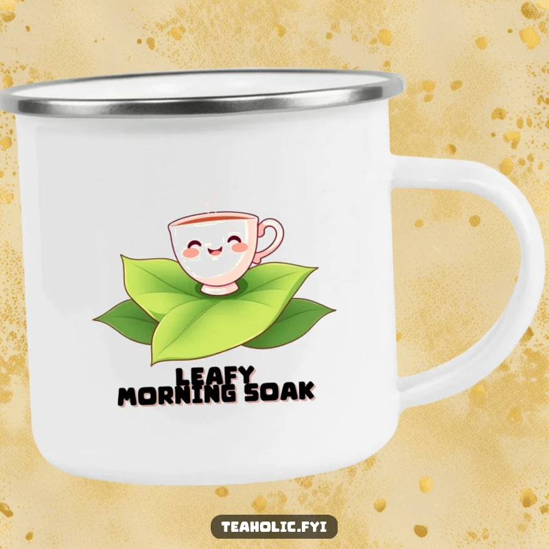 Funny smiling teacup character floating on a large tea leaf, a durable and funny camping mug.