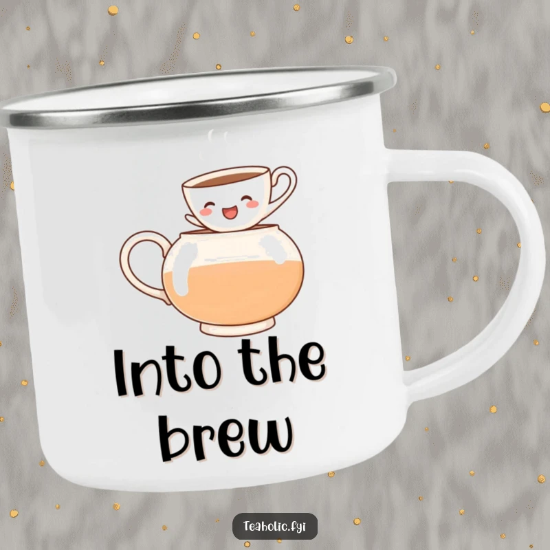 Funny camping mug with a cheerful teacup jumping into a teapot, durable and exciting for all your outdoor excursions.