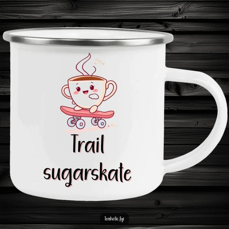 Funny camping mug featuring a steaming teacup character joyfully skateboarding on a sugar cube, perfect for humorous outdoor enjoyment.