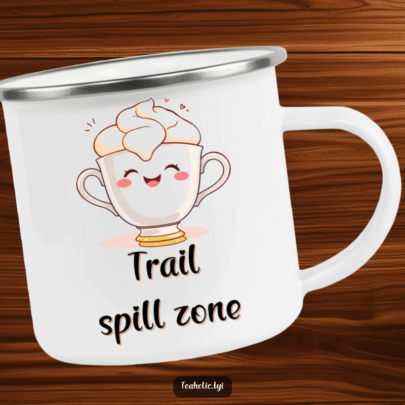 Funny camping mug with a gleeful teacup character smiling while spilling frothy tea, perfect for cheerful outdoor moments.