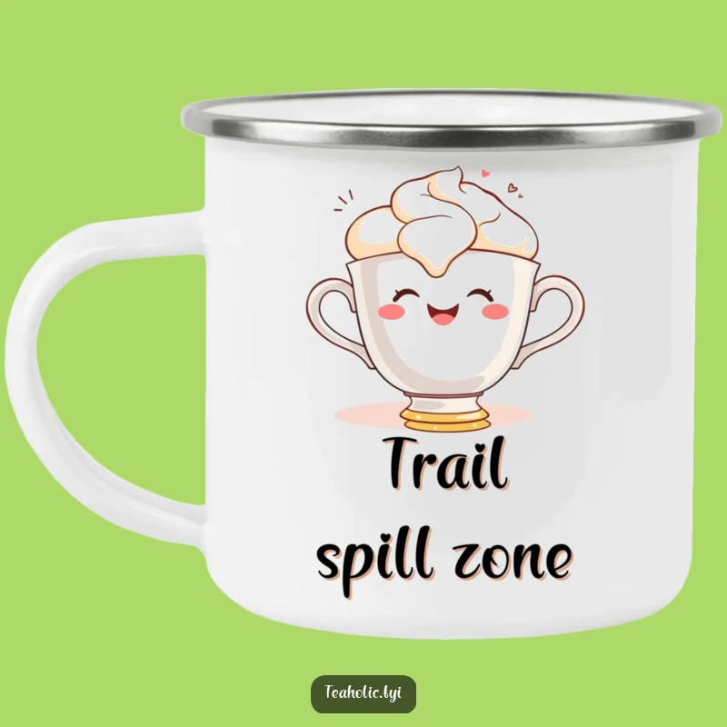 Funny Teacup Spill Camping Mug: Gleeful Character for Outdoor Fun