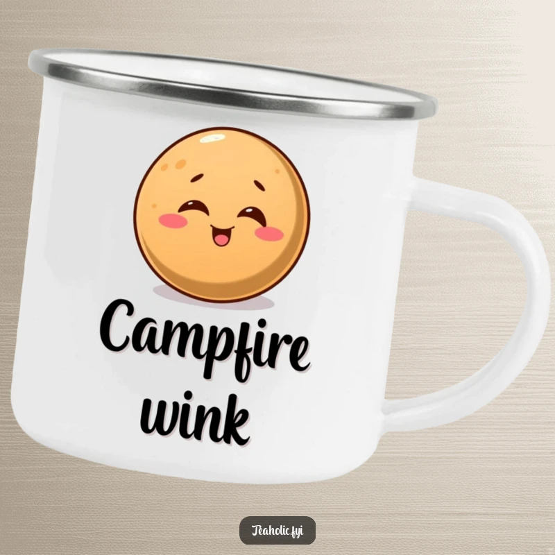 Funny camping mug with a round coffee bean winking, ideal for enjoying beverages during outdoor adventures.
