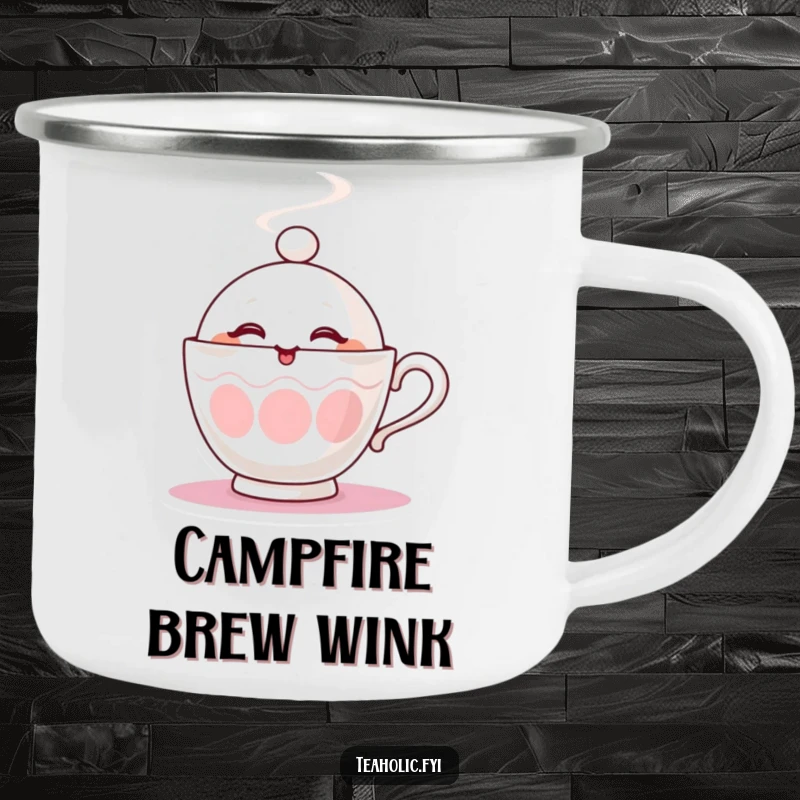 Funny camping mug showcasing a steaming teacup character playfully winking during an outdoor excursion.
