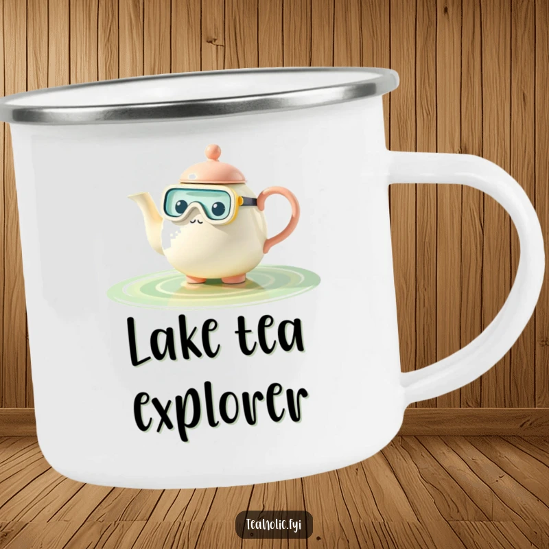 Funny teapot camping mug, character snorkeling in tea pool, rugged and amusing, perfect funny gift.