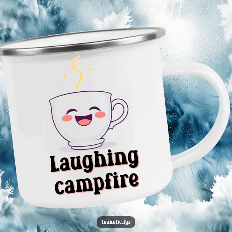 Funny teacup camping mug featuring a laughing teacup character, with steam forming a happy smiley face, ready for outdoor enjoyment.