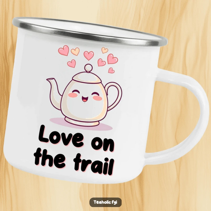 Funny tea kettle camping mug, giggling kettle, heart steam, durable and fun, ideal funny gift for outdoors.