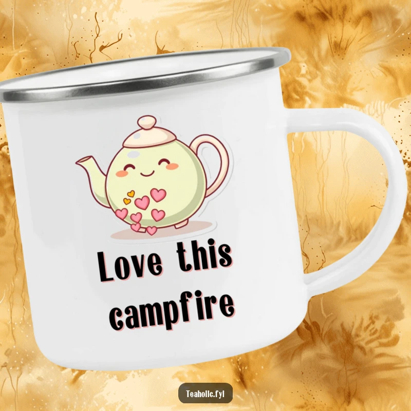 Funny camping mug: A smiling teapot character pours a stream of hearts, embodying warmth and love for outdoor enjoyment.