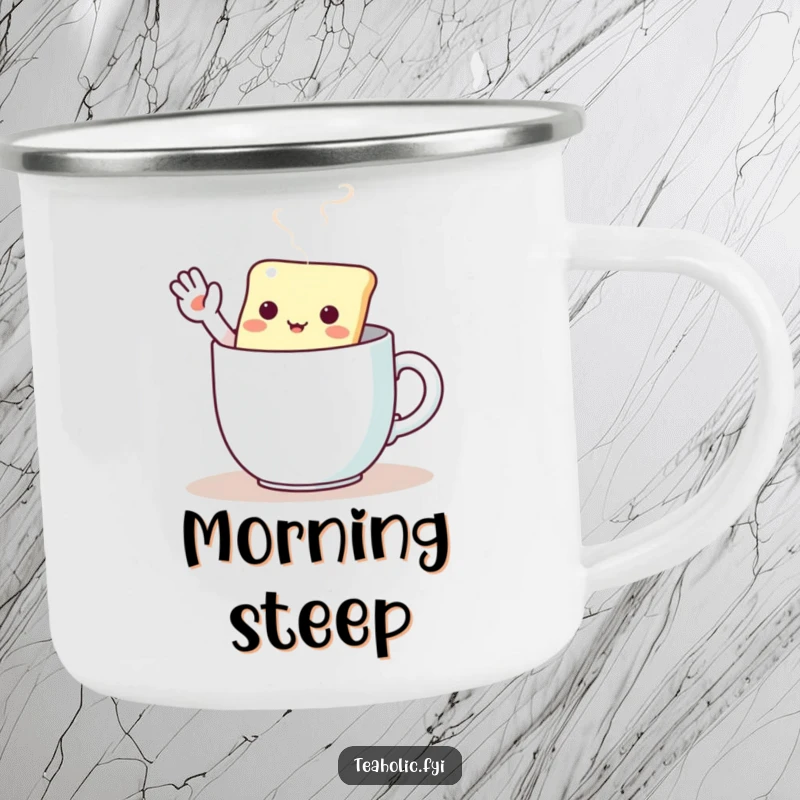 Funny camping mug with a kawaii tea bag character waving enthusiastically from a steaming mug in the great outdoors.